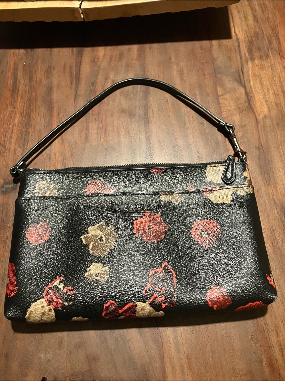 Coach Black Leather Floral Wristlet with Red and Tan Flowers